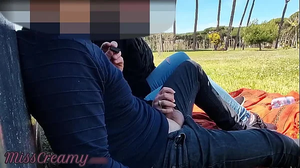 French Teacher Handjob Amateur on public park to student with Cumshot - MissCreamy