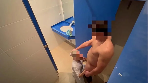 I surprise the gym cleaning girl who when she comes in to clean the toilet she catches me jerking off and helps me finish cumming with a blowjob