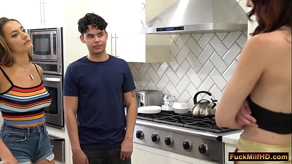 Naughty boyfriend started sucking my tits while I was washing dishes, when his stepmom caught us, but the slut just wants some fun, in the end we ended up having threesome sex in the living room