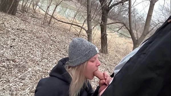 Topless in Public Sucking Cock Outdoors in the Cold!