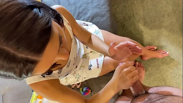 Accidentally cumming in her soft warm hands and legs two times in a row with multiple cumshots ruined