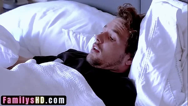 My cock got really hard after taking the wrong pill, so I asked my hot stepmom for help. She made me cum, but before she could clean up, her hubby returned and discovered that she was filthy with cum