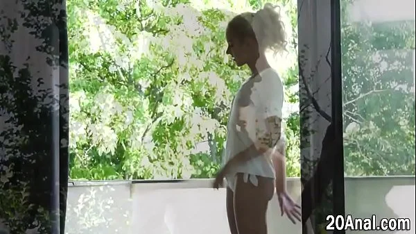 Slender blonde gets analized and masturbates