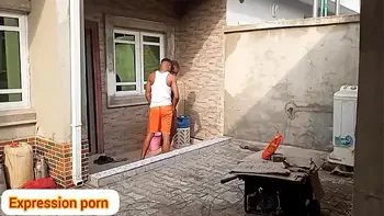 He caught her while sweeping at the backyard and give her a sweetest fuck of her life