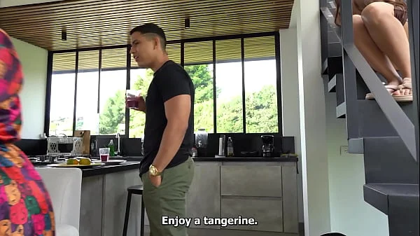 Big ass Latina fucks with her muscular boyfriend in the staircase while her mom doesn't see them