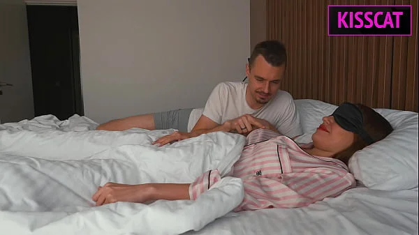 Why blindfolded step mom in mask let step son fuck her in share bed, while husband in the shower?