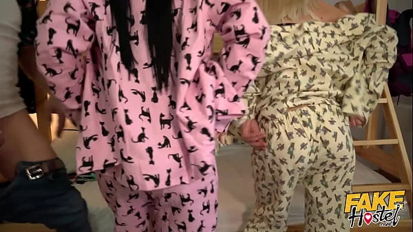 Fake Hostel - two teens have a party in their cute Pyjamas before squirting in threesome