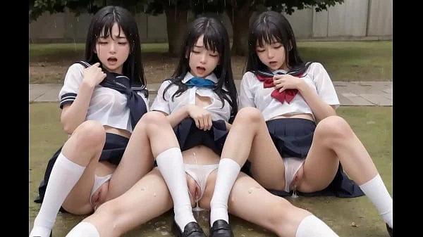 Three Japanese Girls Squirting Outdoor in Rain