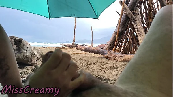 4K - Public Sex in the Storm! MissCreamy Handjobs My Cock on the Beach!