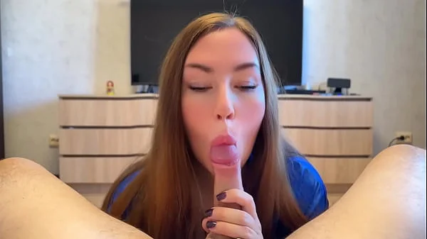 Hot brunette sucks big cock perfectly and gets cum in her mouth!