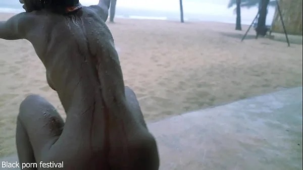 Skinny ebony village girl dancing naked in the rain with her perfect slim body