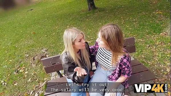 VIP4K. Gorgeous blonde with natural tits came to get a job and to fuck on a tabletop