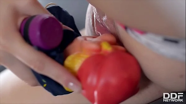 Belarus teen girl Olivia Grace enjoys masturbation with smiling puppet