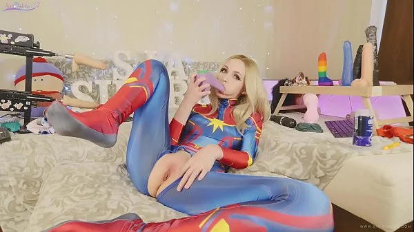 Amateur teen in suit Captain Marvel tests new toys Bad Dragon Sia Siberia