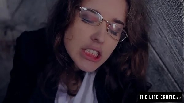 Angry girl in glasses with puffy nipples masturbates hard in the dirty alley