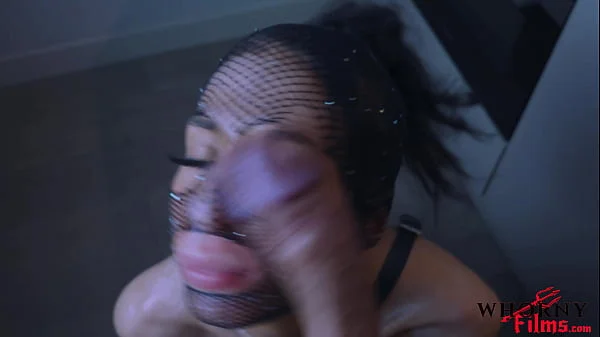 Submissive bimbo slut Evilyn Jezebel wearing leather harness and fishnet mask gets ass pounded and face fucked rough| WHORNYFILMS.COM
