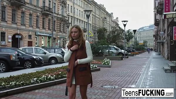 Busty blonde teen seduces him in a white dress