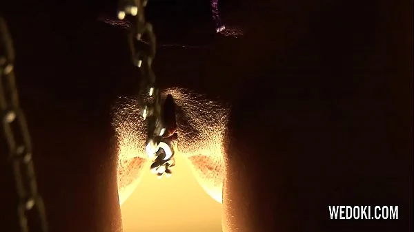 Busty Goth babe with pierced nipples and chain pussy playing