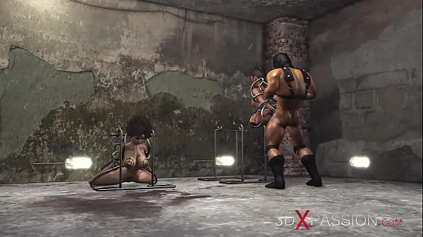 Two hot sex slaves in human cages fucked by a big man in a mask in the basement