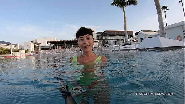 My transparent when wet one piece swimwear in public pool
