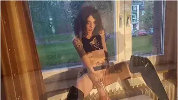 Whore Fucks Herself With A Baseball Bat At The Window For The Neighbours