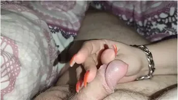 He Loves It When I Make His Little Dick Cum With My Orange Long Nails *cum Runs On My Long Nails