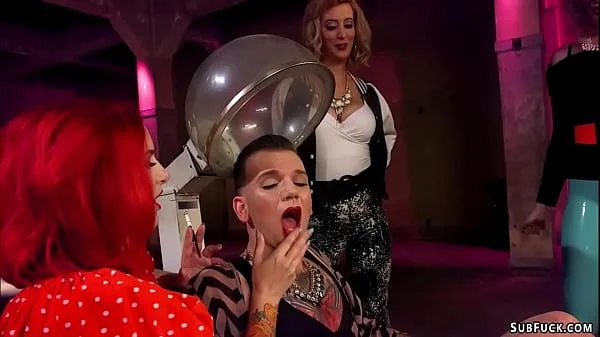 Three femdoms torment feminized slave