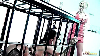 Caged Chick Sharing A Stiff Shaft With A Busty Doctor In The Office