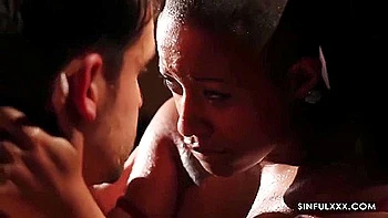 Bald Ebony Babe Enjoys Big White Cock