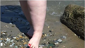 Fat Bare Legs With Red Pedicure Walk Along The Bank Of The River, Fetish