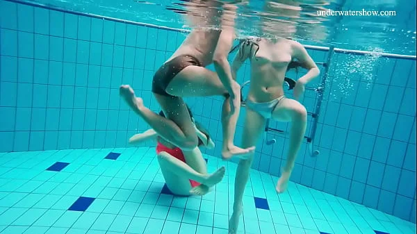 Three hottest babe swim naked in the pool