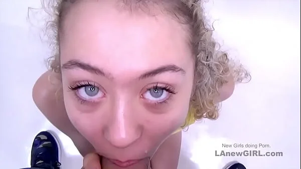 Skinny teen has orgasm with tensed body at audition