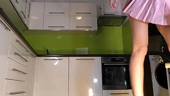 Skinny Blonde Wife Bonnie Dolce Bored in Kitchen Lifts Skirt Shows Cotton Panties