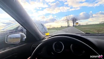 German Blonde Hitchhiker Picked Up for Risky Outdoor Car Sex POV