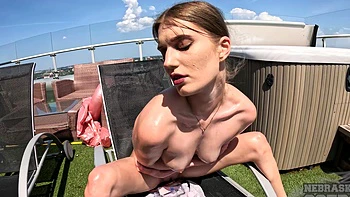 Amateur Mary Moon plays with her pussy and ass using oil and peaches.