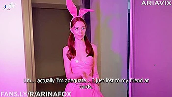 Slim goddess lost the bet, donned a rose-red bunny costume, and had super-naughty orgy with her neighbor.