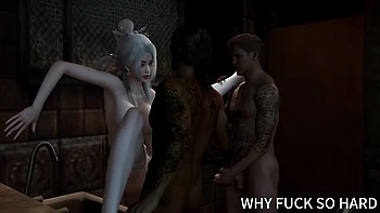 3D Big Boobs Slut Cheating with Two Big Cock in the Bathroom