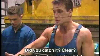 Factory coworkers slamming hard in homosexual threesome