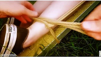 Cum-covered 19 Year-old Teen 18+ Bondage Slave Lexi Grey Crawls To The Seesaw For A Hard Caning