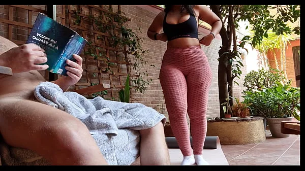 I pull my cock out in front of my Indian stepsister while she does butt exercises. She does fitness in yoga pants and has big natural tits.