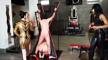 Three Femdom Chicks Whipping And Punishing Their Slaves