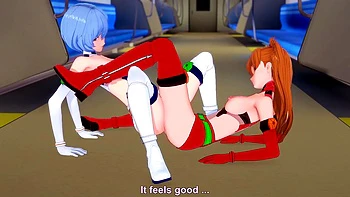Asuka and Rei lesbian scissoring topless - Neon Genesis Evangelion Hentai Parody