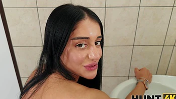 Ara Mix had sex on the toilet with her long black hair hanging down.