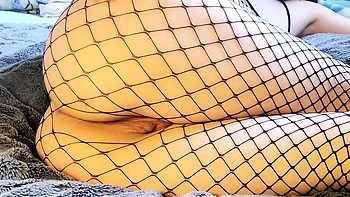 College teen in fishnets, amateur solo masturbation orgasm