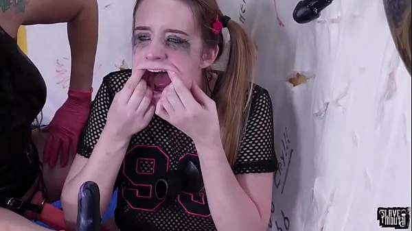 Lezdom teen slave gagging on dildos