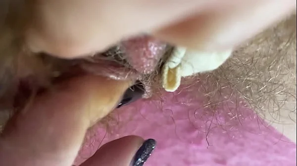 Extreme Closeup Big clit Rubbing orgasm wet hairy pussy