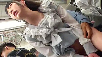 A cosplay girl is fucked on a train with a vibrator, making her squirt, and then he thrusts it deep into her throat.