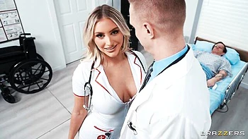 Big-boobed blonde nurse Kayley Gunner rammed in the missionary pose