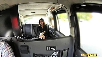 Backseat fuck in the cowgirl pose with a smiling brunette Mariska