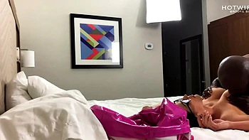 Busty curly brunette with big boobs fucks on couch